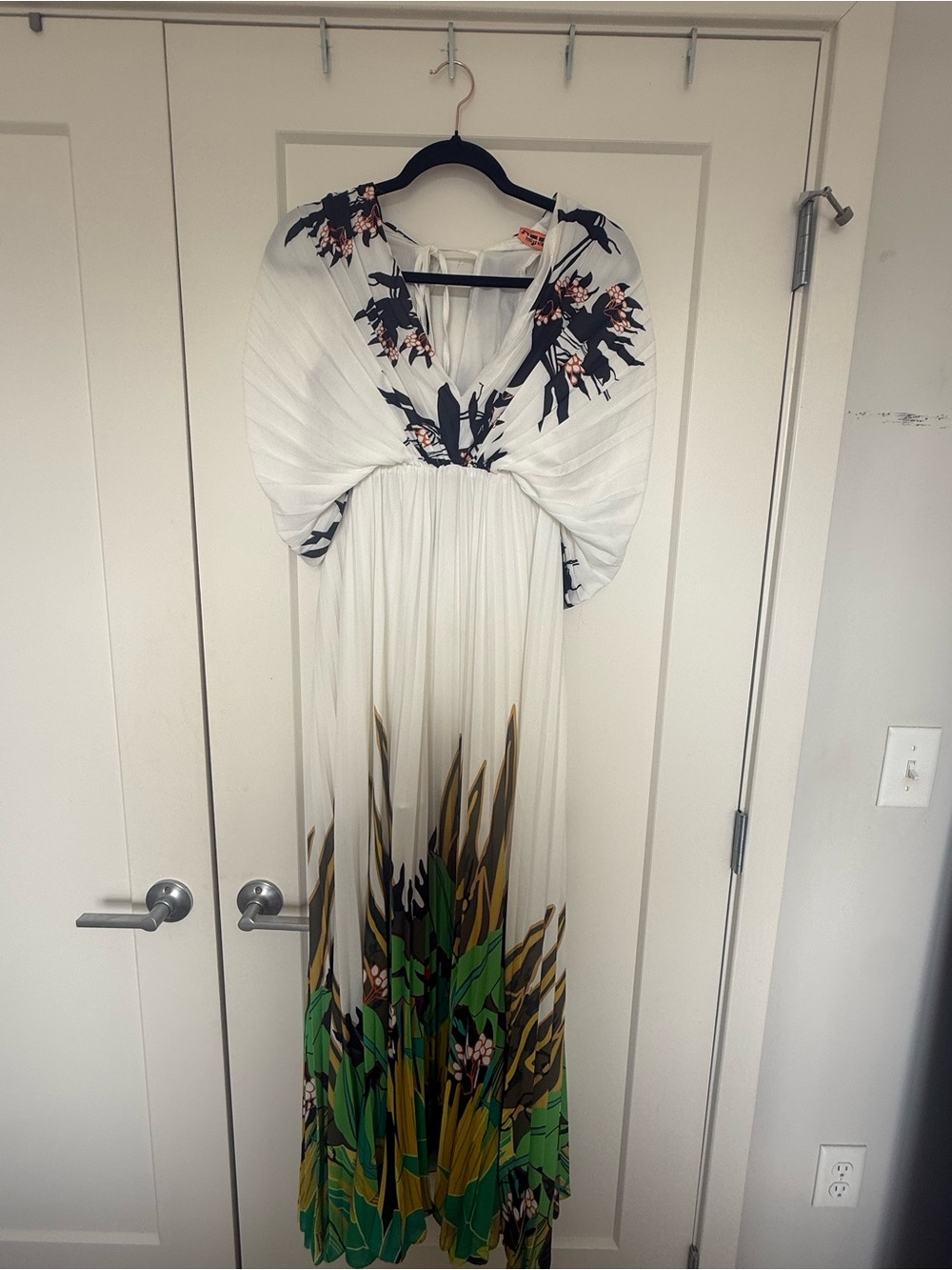 White Maxi Dress with Green & Back Botanical Print